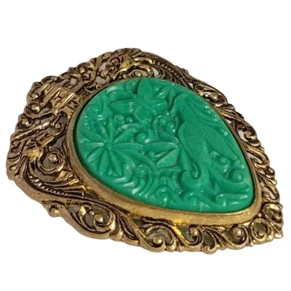 Gold Tone Asian Style Dragon Open Molded Plastic Inlay Brooch Pendant E03